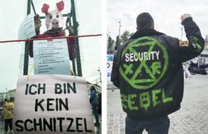 Tierrechtsaktivist von Animal Rebellion mit Schweinemaske und Aktivist von Extinction Rebellion