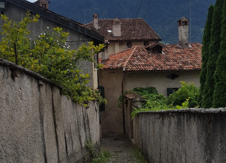 Das Bild zeigt eine Gasse aus Kopfsteinplaster in einem italienischen Ort