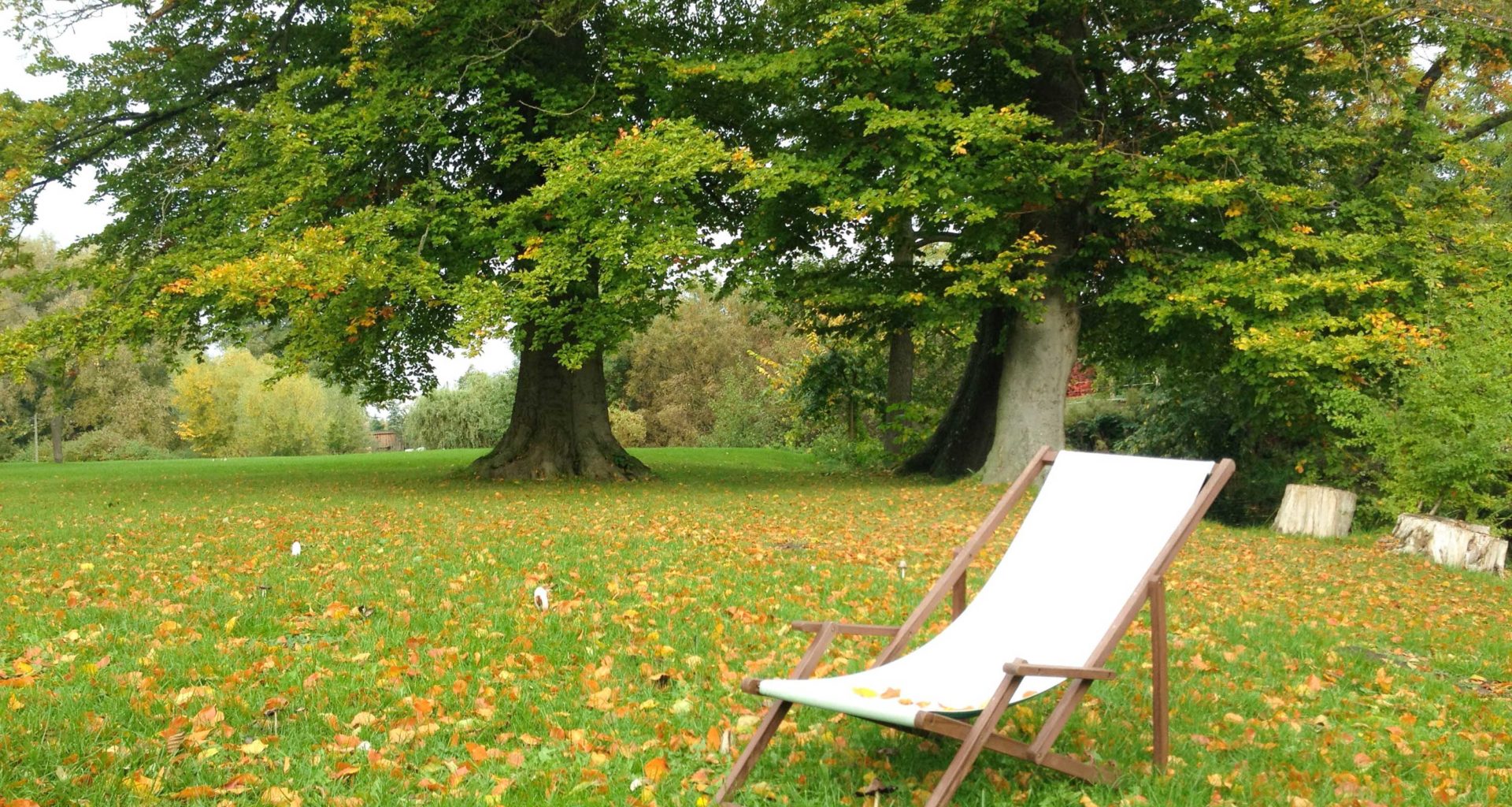 Leerer Liegestuhl in herbstlichem Park