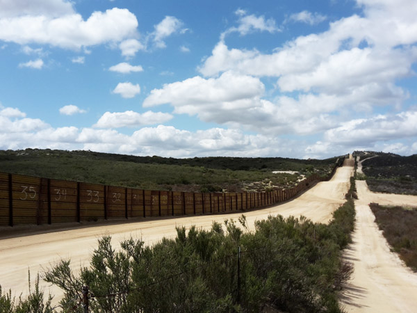 Blechzaun, der sich auf Sandboden durch Buschwerk bis zum Horizont erstreckt