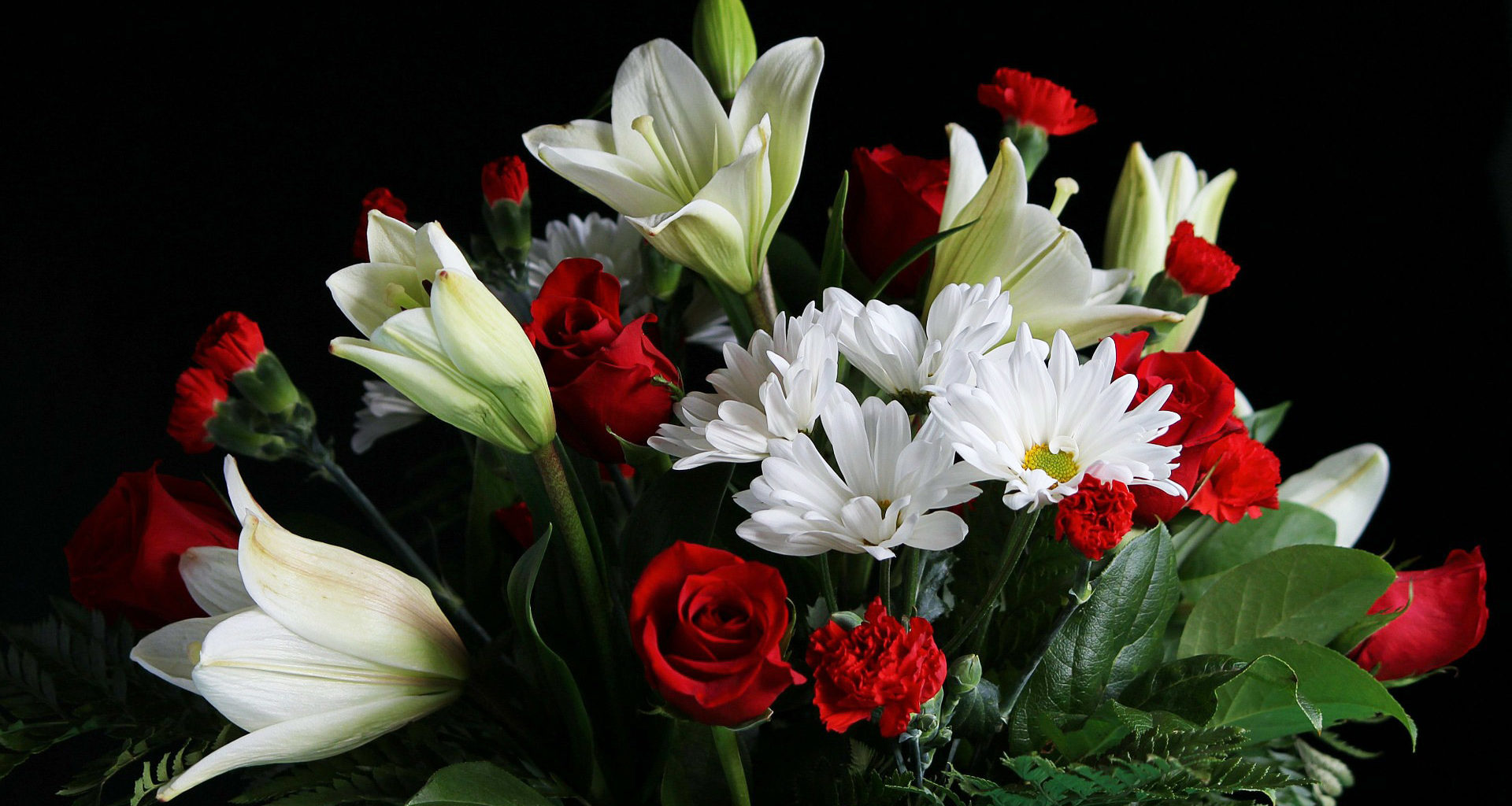 Strauß aus roten und weißen Blumen vor schwarzem Hintergrund